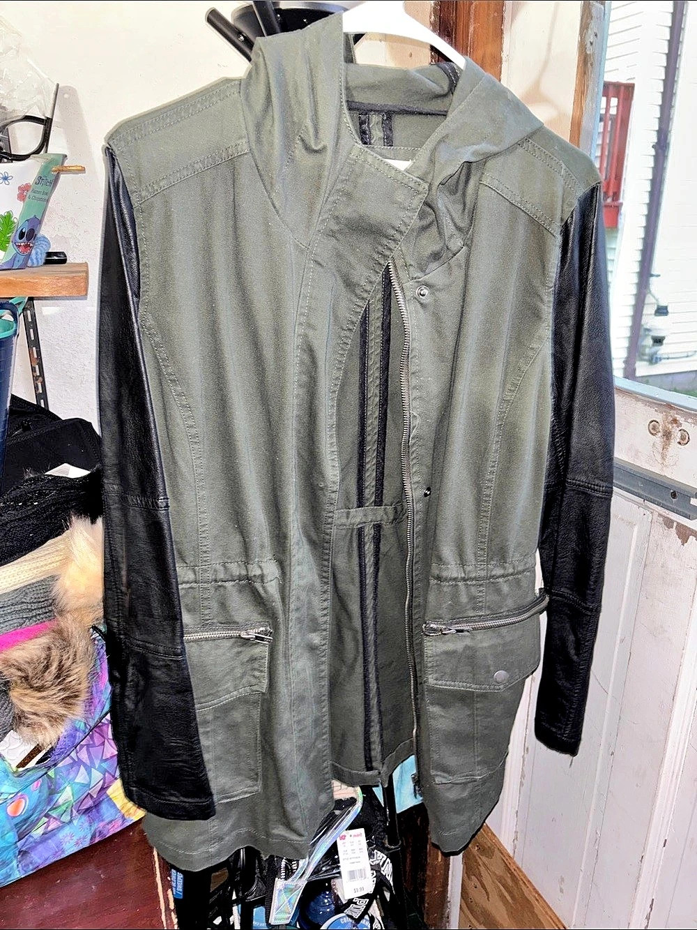Buffalo David Bitton Olive Green Utility Jacket with Faux Leather Sleeves &